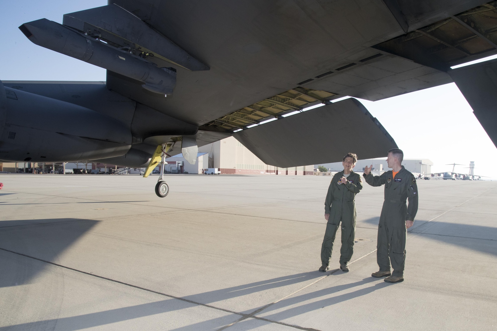 Maj. Timothy Lau, 419th Flight Test Squadron, takes Gen. Ellen Pawlikowski, commander of Air Force Materiel Command, around a B-52 Stratofortress used for flight test missions before taking off on an orientation flight May 12. (U.S. Air Force photo by Christian Turner)