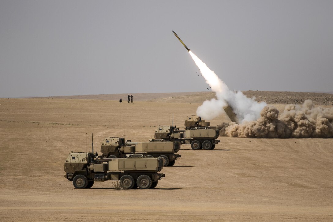 U.S. and Jordanian soldiers conduct a high-mobility artillery rocket system live-fire exercise outside Amman, Jordan, May 14, 2017, as part of Eager Lion, an annual U.S. Central Command exercise designed to strengthen military-to-military relationships between the U.S., Jordan and other international partners. Army photo by Sgt. 1st Class Steven Queen
