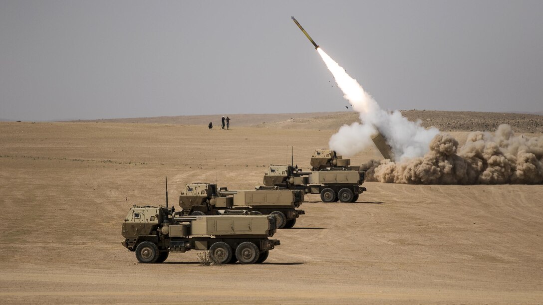 U.S. and Jordanian soldiers conduct a high-mobility artillery rocket system live-fire exercise outside Amman, Jordan, May 14, 2017, as part of Eager Lion, an annual U.S. Central Command exercise designed to strengthen military-to-military relationships between the U.S., Jordan and other international partners. Army photo by Sgt. 1st Class Steven Queen