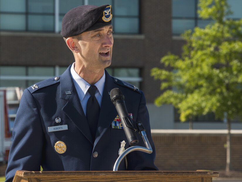 Col. Troy Roberts, 11th Security Forces Group commander, speaks during the 2017 National Police Week Wreath Laying Ceremony at Joint Base Andrews, Md., May 15, 2017. The ceremony kicked off JBA’s police week events, which are meant to honor past and present police officers and security forces members. (U.S. Air Force photo by Airman 1st Class Valentina Lopez)
