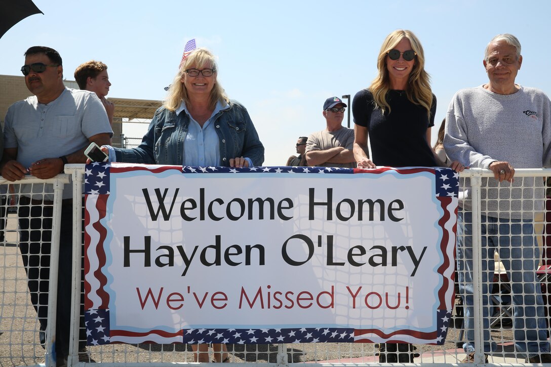 U.S. Marines assigned to Marine Medium Tiltrotor Squadron (VMM) 163 return to Marine Corps Air Station Miramar, Calif., after their deployment with the 11th Marine Expeditionary Unit Thursday, May 12, 2017. The 11th MEU embarked mid-October 2016 aboard the Makin Island Amphibious Ready Group, trained alongside armed forces from foreign nations, and supported operations throughout the Western Pacific, Middle East and Horn of Africa.