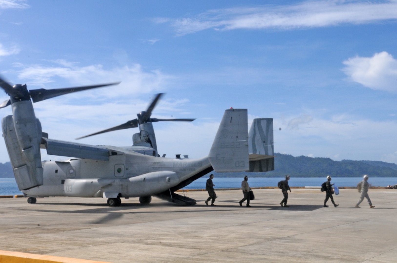 U.S. Soldiers and Sailors exit a U.S. Marine MV-22 Osprey tiltrotor aircraft during civil military activities from the sea at Casiguran Port, Casiguran, May 15, 2017. By training for humanitarian assistance and disaster response operations, U.S. and Philippine forces are better prepared to provide relief from the sea to remote and austere areas of the Philippines. Balikatan is an annual U.S.-Philippine bilateral military exercise focused on a variety of missions, including humanitarian assistance and disaster relief, counterterrorism and other combined military operations. 