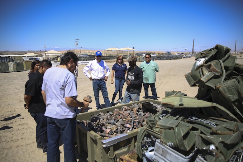 Charles Jones, work leader, Recycling Facility, explains the functions of the Recycling Facility to the San Bernardino County Board of Supervisors during a tour of the Marine Corps Air Ground Combat Center, Twentynine Palms, Calif., May 12, 2017. The tour was hosted by G-5 Government and External Affairs. (U.S. Marine Corps photo by Cpl. Medina Ayala-Lo)