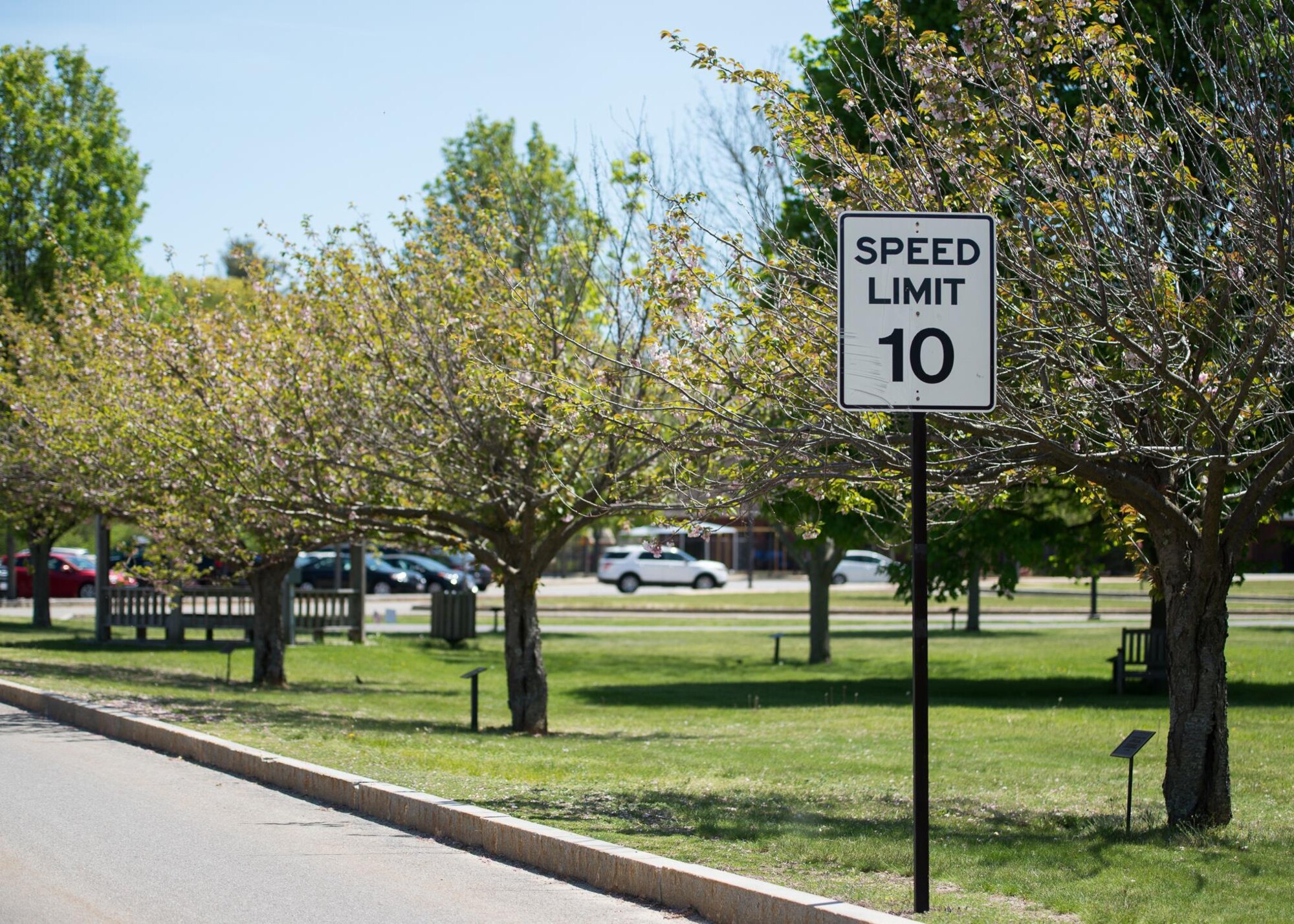 A speed limit sign is now located on Eglin Street to reflect the new speed limit from the Vandenberg Drive intersection to the CDC following a Hanscom Traffic Safety Board meeting earlier this month. (U.S. Air Force photo by Mark Herlihy)
