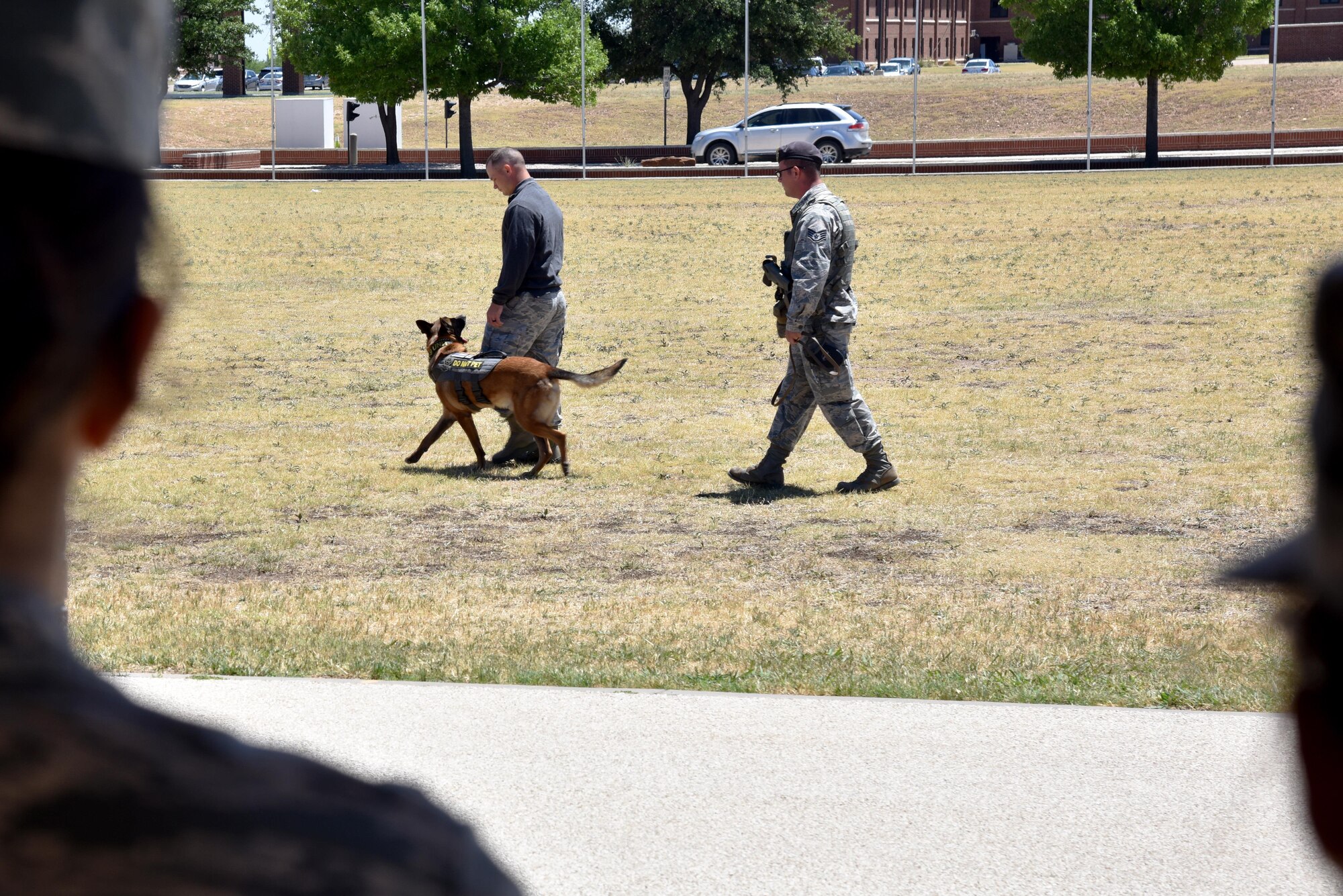 Spike, 17th Security Forces Squadron military working dog, guards his prisoner Staff Sgt. Dakota Riddle, 17th SFS MWD handler, at the parade grounds on Goodfellow Air Force Base, Texas, May 17, 2017. The 17th SFS provided fingerprinting, a weapons display and K-9 demonstration as part of Police Week. (U.S. Air Force photo by Staff Sgt. Joshua Edwards/Released)