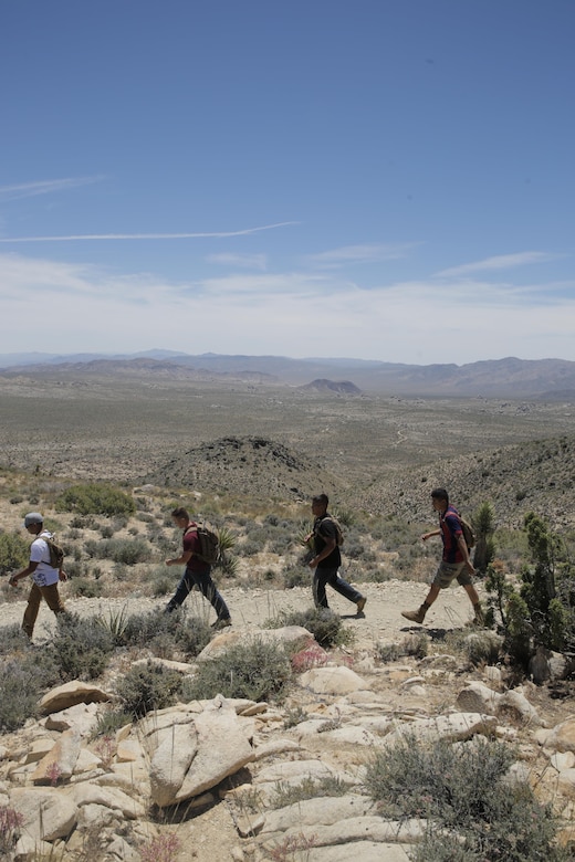 Marines in the Round Table Mentorship Program hike back down Ryan Mountain in Joshua Tree National Park, Calif. May 12, 2017. Round Table is a mentorship program created by MCCES to break down walls between leadership and junior Marines by encouraging open dialogue and develop professional relationships across the ranks. (U.S. Marine Corps photo by Cpl. Dave Flores)