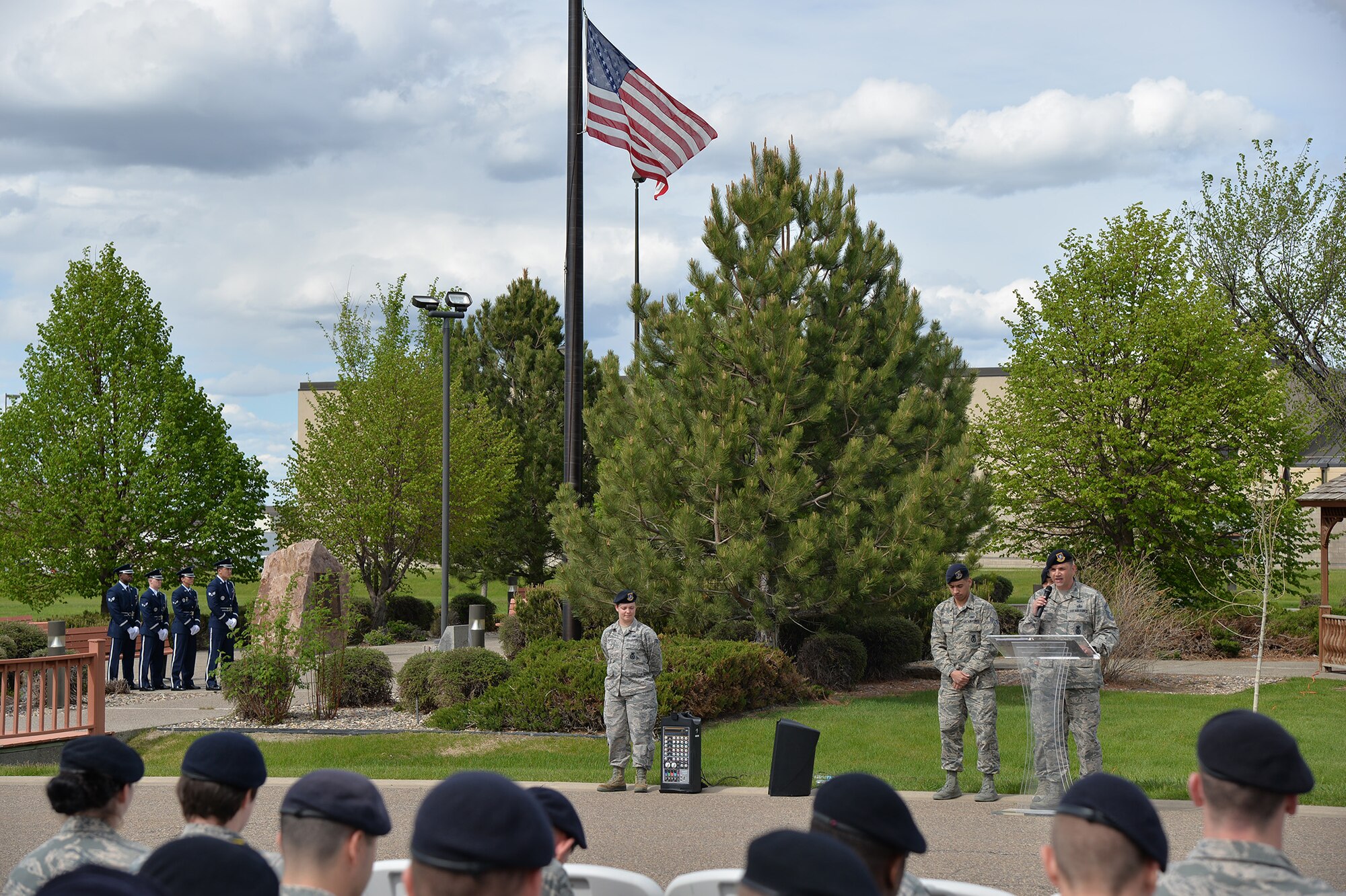 Senior Master Sgt. James Wilfong, 741st Missile Security Forces Squadron manager, speaks at a retreat ceremony during National Police Week May 15, 2017, at Malmstrom Air Force Base, Mont. During National Police Week, planned events pay special recognition to law enforcement officers who have lost their lives in the line of duty for the safety and protection of others. (U.S. Air Force photo/Airman 1st Class Daniel Brosam)