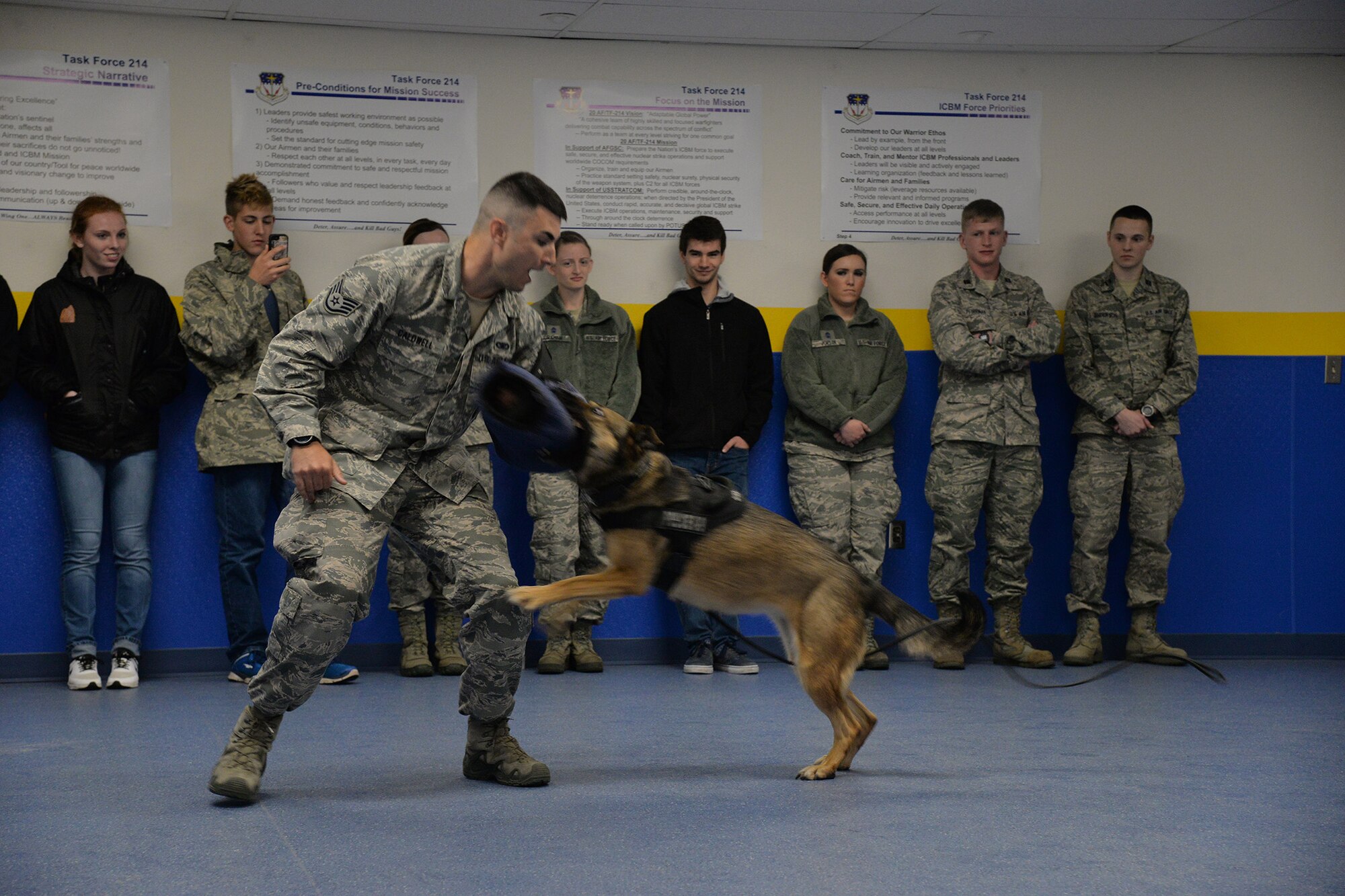 Staff Sgt. Jordan Caldwell, 341st Security Forces Squadron military working dog trainer, performs a K-9 demonstration for Air Force ROTC cadets during National Police Week May 17, 2017, at Malmstrom Air Force Base, Mont. Security forces visited Chief Joseph Elementary School and various locations across base to provide demonstrations of K-9 capabilities. (U.S. Air Force photo/Airman 1st Class Daniel Brosam)