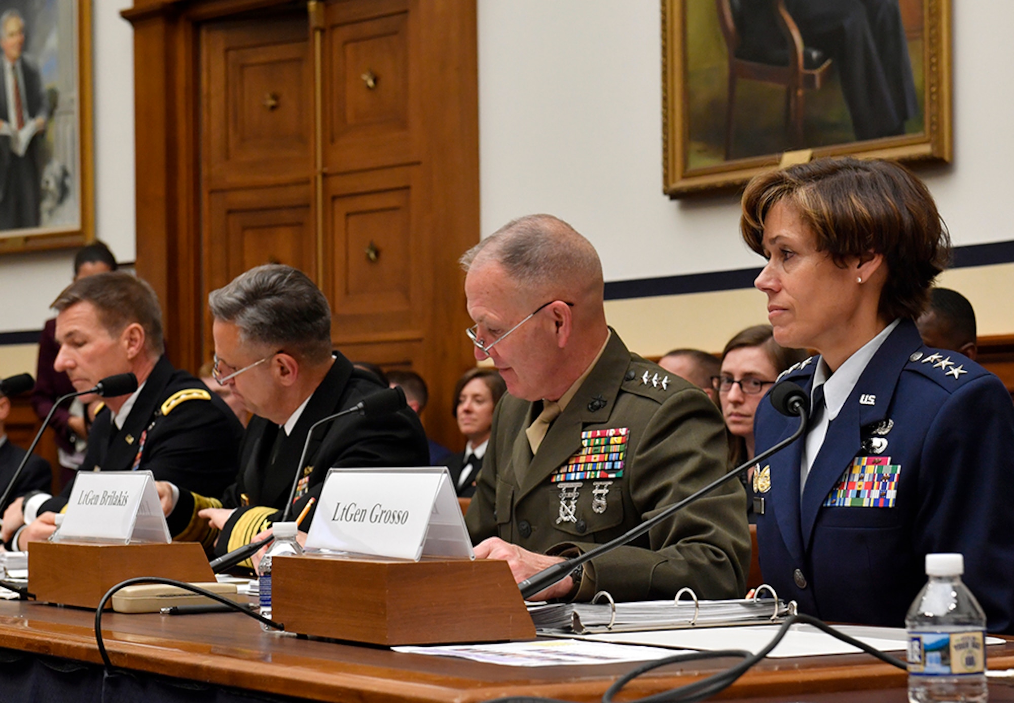 Lt. Gen. Gina Grosso, the Air Force deputy chief of staff for manpower and personnel services, testifies before the House Armed Services Subcommittee on military personnel posture May 17, 2017, in Washington, D.C. Grosso testified with Marine Corps Lt. Gen. Mark Brilakis, the U.S. Marine Corps deputy commandant for manpower and reserve affairs; Navy Vice Adm. Robert Burke, the U.S. Navy Chief of naval personnel; and Army Maj. Gen. Erik Peterson, the U.S. Army director of Army aviation. (U.S. Air Force photo/Wayne A. Clark)