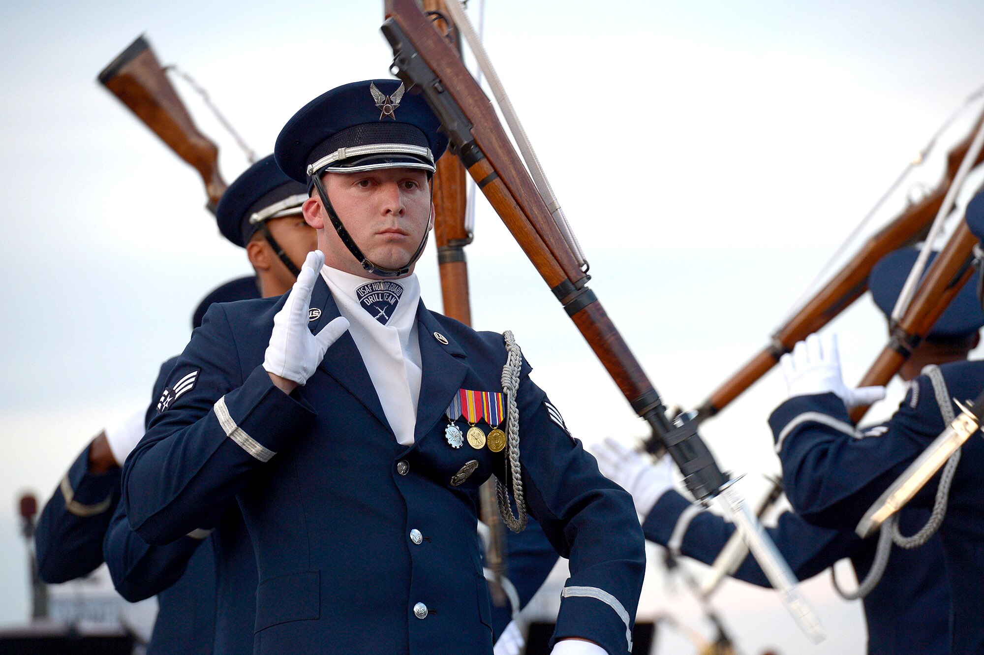 Air Force birthday celebration continues as the Air Force Honor Guard Drill Team performs at the Air Force Memorial during the Air Force Band's summer series, Heritage to Horizons, in Arlington, Va., May 17, 2017. (U.S. Air Force photo/Master Sgt. Bryan Franks)