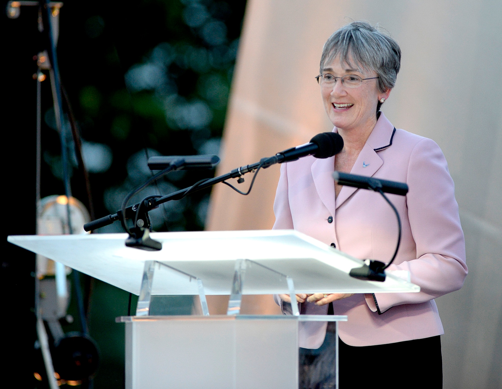 Secretary of the Air Force Heather Wilson talks about the history and the future of the Air Force during the Heritage to Horizons concert at the Air Force Memorial in Arlington, Va., May 17, 2017. (U.S. Air Force photo/Andy Morataya)