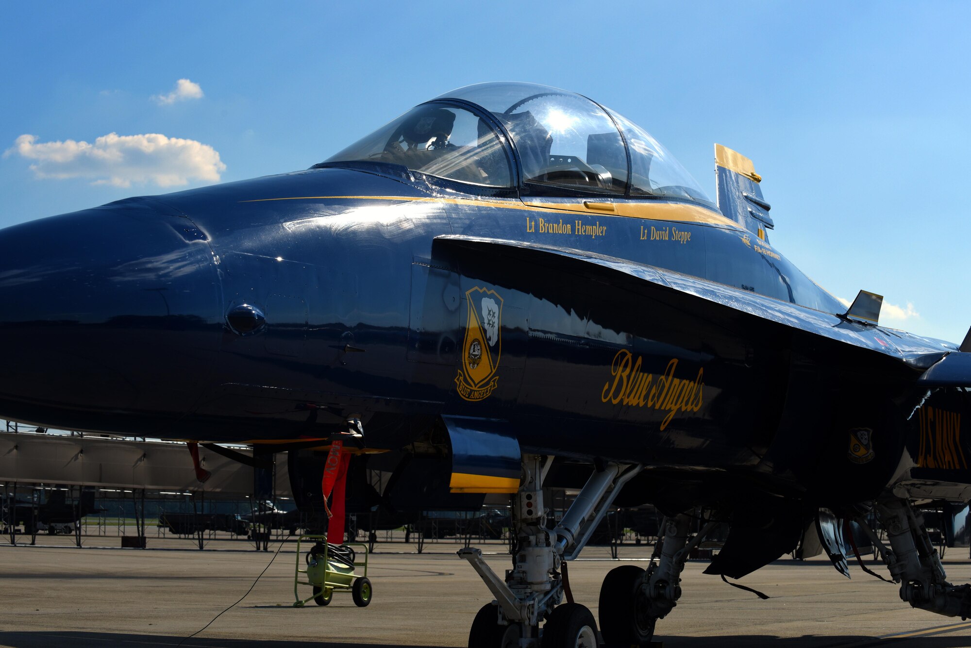 A U.S. Navy Blue Angels F/A-18 Hornet landed, May 17, 2017, at Seymour Johnson Air Force Base, North Carolina. The Blue Angels arrived three days prior to the Wings Over Wayne Air Show to practice their performance and engage with the local community. (U.S. Air Force photo by Senior Airman Ashley Maldonado)