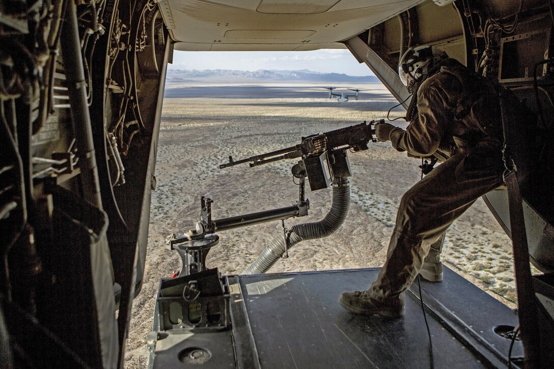 Marine Corps Sgt. Austin J. Otto participates in an MV-22 Osprey tail gun shoot during Integrated Training Exercise 3-17 at Marine Corps Air Ground Combat Center Twentynine Palms, Calif., May 15, 2017. Otto is a crew chief with Marine Medium Tiltrotor Squadron 363. Marine Corps photo by Lance Cpl. Becky L. Calhoun