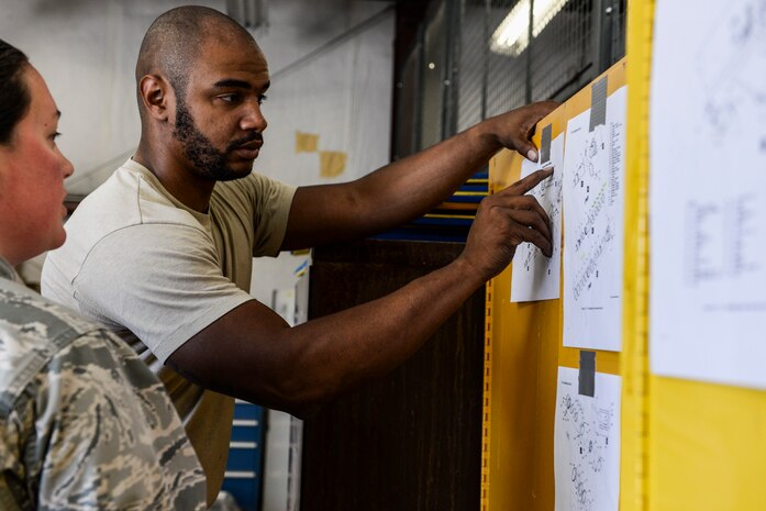 1st Lt. Sarah Atkins, 823rd Maintenance Squadron maintenance flight commander, and Staff Sgt. Cortez Brazill, an 823rd MXS aircraft fuel systems craftsman, discuss the next steps for repairing an HH-60G Pave Hawk helicopter’s fuel probe at Nellis Air Force Base, Nev., May 4, 2017. The 823rd MXS is the first squadron to perform a repair on an air-to-air fuel probe in-house saving the Air Force $118,000 per probe. (U.S. Air Force photo by Airman 1st Class Andrew D. Sarver/Released)