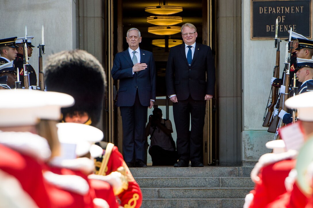 Defense Secretary Jim Mattis stands with Swedish Defense Minister  Peter Hultqvist during an honor cordon at the Pentagon, May 18, 2017.  The leaders met to discuss matters of mutual concern. DoD photo by Army Sgt. Amber I. Smith