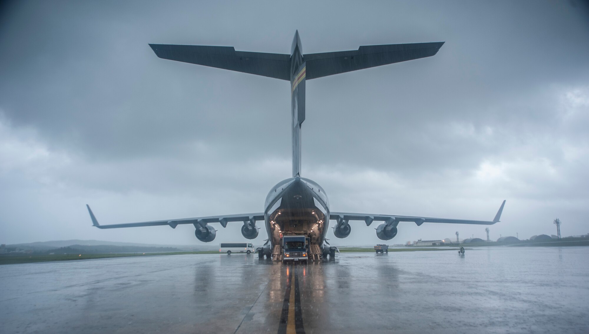 A U.S. Air Force Globemaster III sits on the flightline May 13, 2017, at Kadena Air Base, Japan. The 18th Aerospace Evacuation Squadron maintains responsibility over the largest area of operations in the military, reaching from the Horn of Africa to Alaska. (U.S. Air Force photo by Senior Airman Quay Drawdy)