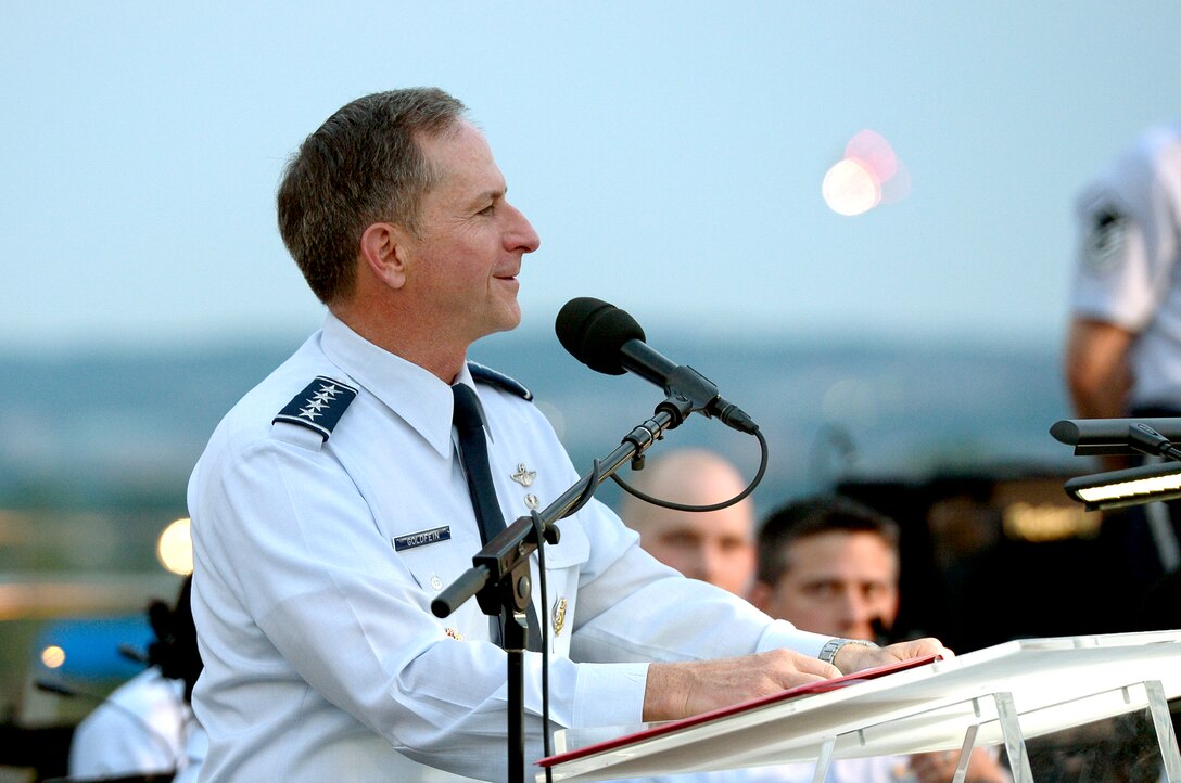 Air Force Chief of Staff Gen. David L. Goldfein talks about the history and the future of the Air Force during the Heritage to Horizons concert at the Air Force Memorial in Arlington, Va., May 17, 2017. (U.S. Air Force photo/Master Sgt. Bryan Franks)
