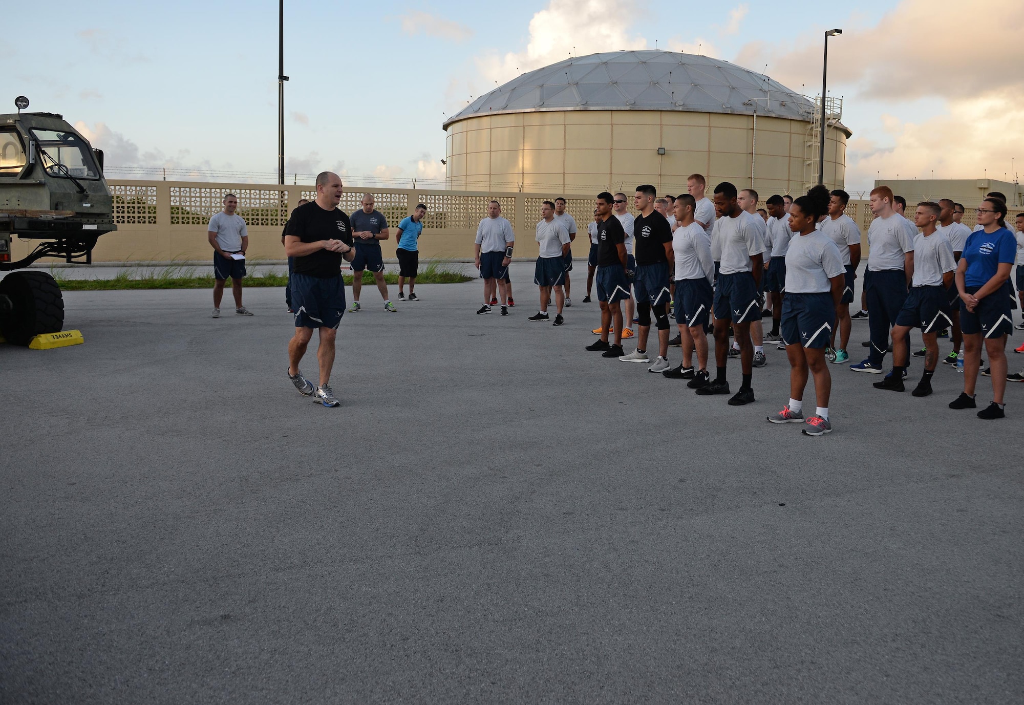 U.S. Air Force Lt. Col. Jonathan Tucker, 734th Air Mobility Squadron commander, addresses air transportation specialists during the Port Dawg’s Memorial Run May 19, 2017, at Andersen Air Force Base, Guam. Aerial porters, commonly referred to as Port Dawgs, congregate yearly to memorialize fallen teammates across the Air Force with a ceremony and formation run. (U.S. Air Force photo by Senior Airman Alexa Ann Henderson)