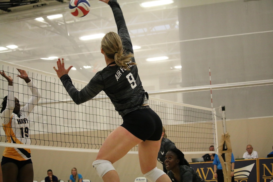 Air Force Capt. Kristina Stewart of Los Angeles, Calif. goes for the kill in Match 1 of the 2017 Armed Forces Women's Volleyball Championship at Naval Station Mayport, Florida on 18 May.