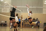 Navy Lieut. Jesselyn Johnston of Norfolk, Vir. goes for the kill in Match 1 of the 2017 Armed Forces Women's Volleyball Championship at Naval Station Mayport, Florida on 18 May.