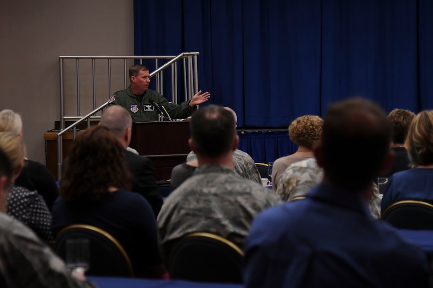 U.S. Air Force Lt. General Thomas Bergeson, 7th Air Force commander, speaks during the 7th AF Commanders Conference at Osan Air Base, Republic of Korea, May 19, 2017. During the conference 7th AF senior leaders were able to discuss objectives and current events on the Korean peninsula. (U.S. Air Force photo by Airman Gwendalyn Smith)  