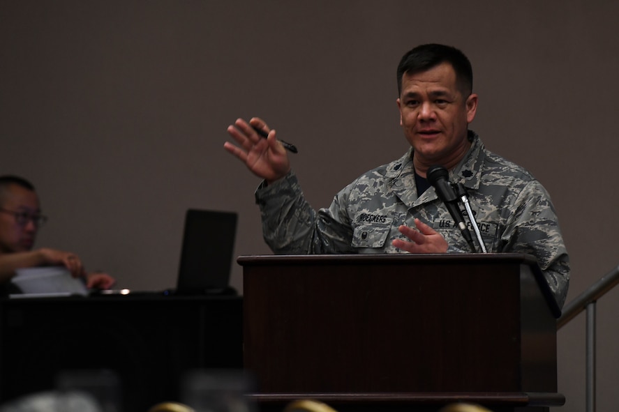 U.S. Air Force Lt. Col. Robert Roeckers, 7th Air Force director of manpower personnel and services, discusses taking care of Airmen and families during the 7th AF Commanders Conference at Osan Air Base, Republic of Korea, May 19, 2017. The forum allowed senior leaders and their spouses to ask questions and give feedback on the four pillars of comprehensive airmen fitness. (U.S. Air Force photo by Airman Gwendalyn Smith)
