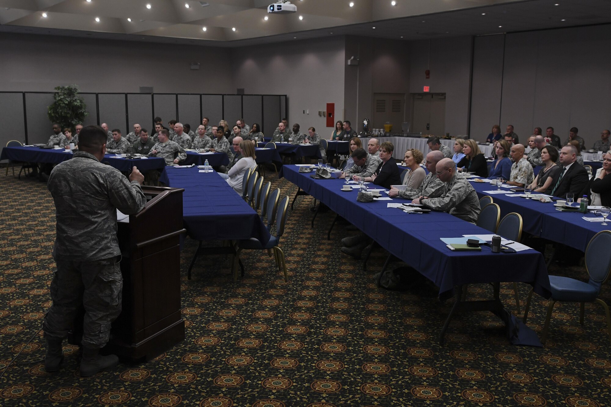 U.S. Air Force Lt. Col. Robert Roeckers, 7th Air Force director of manpower personnel and services, discusses taking care of Airmen and families during the 7th AF Commanders Conference at Osan Air Base, Republic of Korea, May 19, 2017. The forum allowed senior leaders and their spouses to ask questions and give feedback on the four pillars of comprehensive airmen fitness. (U.S. Air Force photo by Airman Gwendalyn Smith)