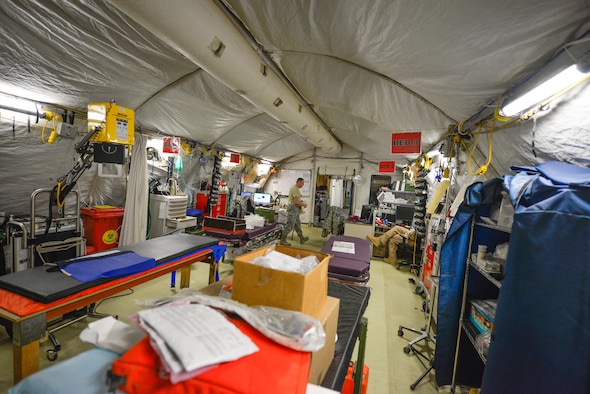 The 332nd Expeditionary Medical Group’s Expeditionary Medical Support System tent in its current configuration May 10, 2017, in Southwest Asia. The medical staff will transfer from the mobile tent unit to a new permanent clinic facility, marking the last EMEDS tent to close in the Air Force Central Command region. (U.S. Air Force photo by Staff Sgt. Alexander W. Riedel)