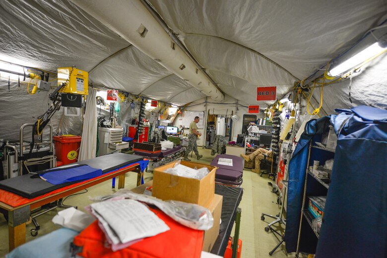 The 332nd Expeditionary Medical Group’s Expeditionary Medical Support System tent in its current configuration May 10, 2017, in Southwest Asia. The medical staff will transfer from the mobile tent unit to a new permanent clinic facility, marking the last EMEDS tent to close in the Air Force Central Command region. (U.S. Air Force photo by Staff Sgt. Alexander W. Riedel)