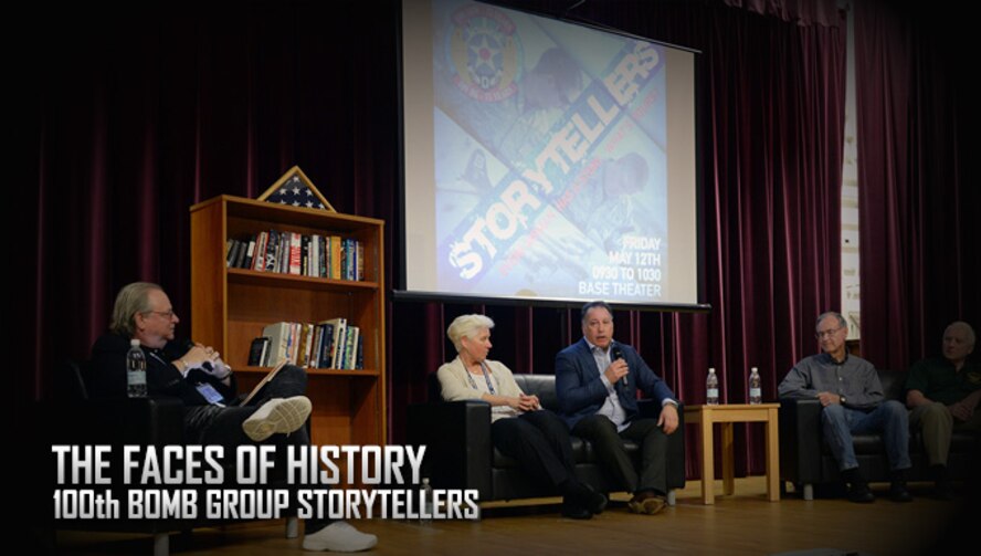 Left to right, Mike Faley, 100th Bomb Group and Eighth Air Force historical expert; Nancy Putnam, daughter of Gerald Putnam, 100th BG pilot and prisoner of war; Dan Rosenthal, son of Lt. Col. Robert “Rosie” Rosenthal, 100th PG pilot who flew 52 combat missions; Gary Christopher, son of Dewey Christopher, 100th BG ground crew chief, and Dave Distelrath, son of Victor Distelrath, top turret gunner and engineer who flew 35 combat missions, talk to the audience at a Storytellers event May 12, 2017, on RAF Mildenhall, England. (U.S. Air Force photo by Karen Abeyasekere)  