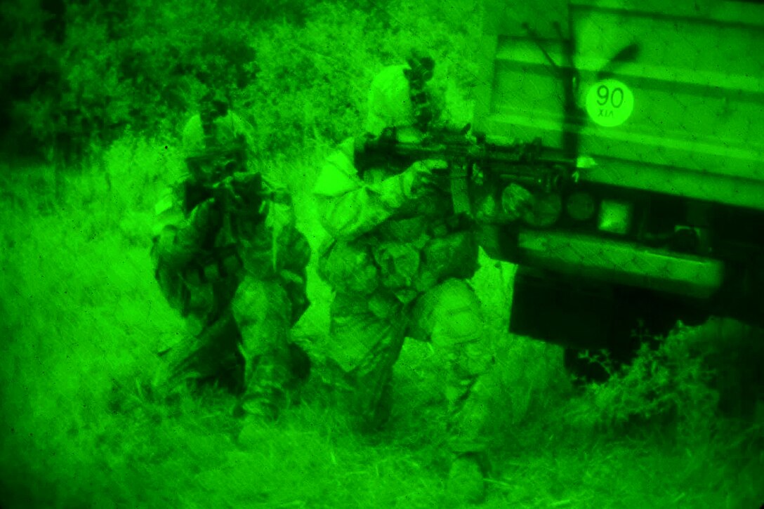 As seen through a night-vision lens, U.S. and Greek soldiers participate in a night raid on an enemy camp during Bayonet-Minotaur Exercise in Thessaloniki, Greece, May 17, 2017. The U.S. soldiers are assigned to the 1st Battalion, 503rd Infantry Regiment, 173rd Airborne Brigade and are regularly stationed in Italy. The Greek soldiers are assigned to the 1st Paratrooper Commando Brigade of the Greek army. Bayonet-Minotaur is a bilateral training exercise focused on enhancing NATO operational standards and developing individual technical skills. Army photo by Graigg Faggionato