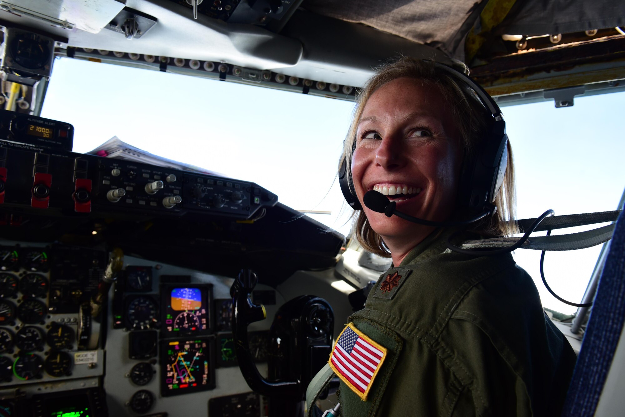 Maj. Amanda Person, 7th Air Refueling Squadron, KC-135R Stratotanker pilot, flies local civic leaders including North Carolina Lt. Governor Dan Forest, May 18, 2017, in the skies over Seymour Johnson Air Force Base, North Carolina. Seymour Johnson AFB will host Wings Over Wayne Air Show, May 20-21, 2017. (U.S. Air Force photo by Airman 1st Class Kenneth Boyton)