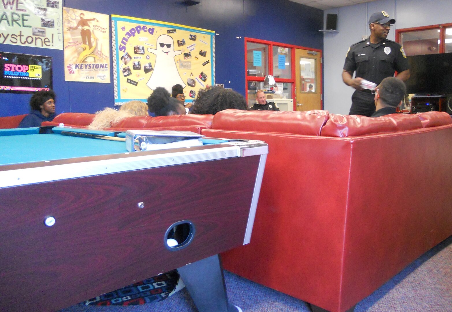 Lts. Steven Dews and Jerry Welge from the 502nd Security Forces Squadron talk to members of the Joint Base San Antonio-Fort Sam Houston Youth Center, who hope a discussion they had with police officers from the 502nd Security Forces Squadron at JBSA-Fort Sam Houston in April will lead to further cooperation and understanding between youth and law enforcement.