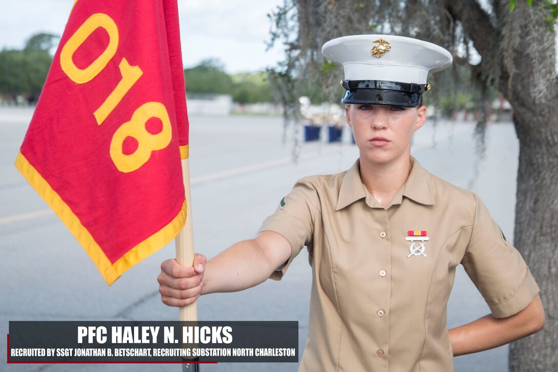 Private First Class Haley N. Hicks graduated Marine Corps recruit training May 19, 2017, aboard Marine Corps Recruit Depot Parris Island, South Carolina. Hicks is the Honor Graduate of platoon 4018. Hicks was recruited by Staff Sgt. Jonathan B. Betschart from Recruiting Substation North Charleston. (U.S. Marine Corps photo by Lance Cpl. Jack A. E. Rigsby/Released)