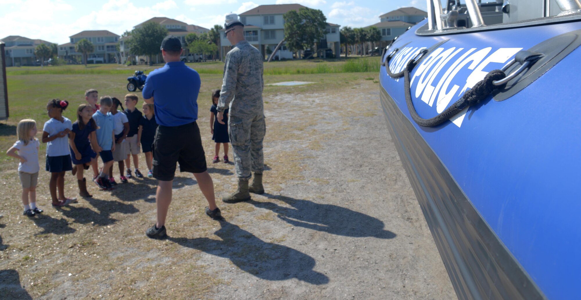 Airmen from the 6th Security Forces Squadron (SFS) Marine Patrol teach boating safety to Tinker Elementary School students at MacDill Air Force Base, Fla., May 16, 2017. The 6th SFS Marine Patrol also allowed students to tour a boat and handle the equipment. (U.S. Air Force photo by Senior Airman Tori Long)