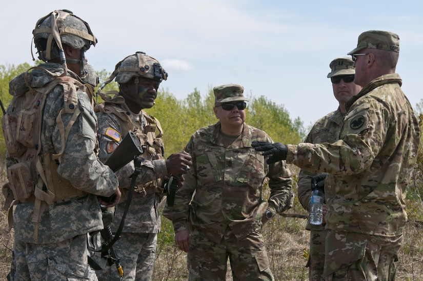 Cmd. Sgt. Maj. Ted Copeland, command sergeant major of the Army Reserve, speaks to Army Reserve Soldiers with the 993rd Transportation Company, based in Tampa, Florida, on May 18 in Camp Wainwright, Alberta, Canada, during Maple Resolve 17. More than 650 U.S. Army Soldiers are supporting Maple Resolve 17, the Canadian Army’s premiere brigade-level validation exercise running May 14-29 at Camp Wainwright. As part of the exercise, the U.S. Army is providing a wide array of combat and support elements. These include sustainment, psychological operations, public affairs, aviation and medical units. (U.S. Army Reserve photo by Staff Sgt. Michael Crawford)