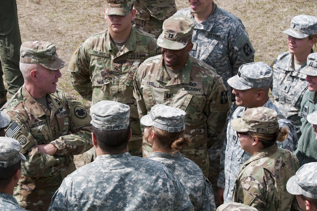 Lt. Gen. Charles Luckey, chief of Army Reserve and commanding general of United States Army Reserve Command, visits Army Reserve Soldiers with the 491st Medical Company Area Support, based in Santa Fe, New Mexico, on May 18, 2017, in Camp Wainwright, Alberta, Canada, during Maple Resolve 17.  More than 650 U.S. Army Soldiers are supporting Maple Resolve 17, the Canadian Army’s premiere brigade-level validation exercise running May 14-29 at Camp Wainwright. As part of the exercise, the U.S. Army is providing a wide array of combat and support elements. These include sustainment, psychological operations, public affairs, aviation and medical units. (U.S. Army Reserve photo by Staff Sgt. Michael Crawford)