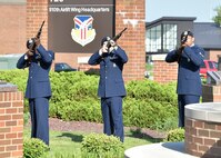 Staff Sgt. Anthony Brown, Senior Airman James Read and Senior Airman Rico Allen, all members of the 910th Security Forces Squadron, fire blanks in salute of police officers who gave their lives in the line of duty. The salute was part of a Police Week ceremony held in conjunction with local law enforcement agencies here May 17, 2017. (U.S. Air Force photo/Eric White)