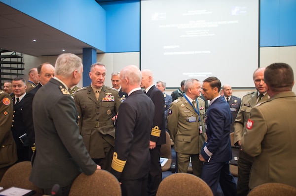 U.S. Marine Corps Gen. Joseph F. Dunford, Jr., chairman of the Joint Chiefs of Staff, meets with his counterparts during a North Atlantic Treaty Organization Military Committee in Chiefs of Defense (MC/CS) Session at NATO Headquarters, May 17, 2017. The Chiefs of Defense meet to discuss Afghanistan, countering terrorism and other NATO operations and missions to provide the North Atlantic Council with consensus-based military advice on how to best meet global security challenges.