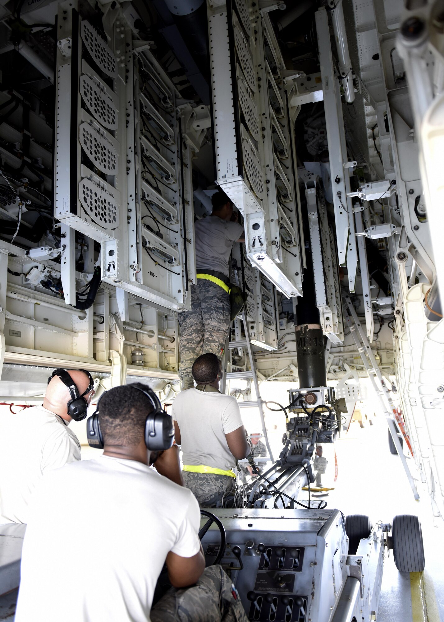 Total Force Airmen assigned to the 509th Maintenance Group (MXG) and the 131st MXG participate in an annual exercise known as Combat Hammer on the flightline at Whiteman Air Force Base, Mo., May 8-12, 2017. Combat Hammer is an in-depth analysis of Team Whiteman’s conventional weapon employment capability. It involves the MXG Airmen building and loading weapons on the aircraft, then analyzing the impact of dropping those weapons in different orders, from different altitudes, and different angles of attack on the training range. By demonstrating this entire process, the Total Force team is able to assess the reliability and lethality of the B-2 Spirit’s weapons system. (U.S. Air Force photo by Senior Airman Danielle Quilla)