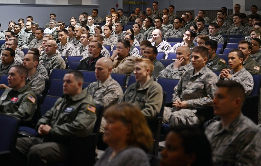 Members of Team McChord sit in on the 62nd Airlift Wing all-call at the McChord theater May 17, 2017 at Joint Base Lewis-McChord, Wash. During the all-call, Airmen were allowed to ask questions utilizing a phone application that allowed Airmen to text in their questions and receive immediate answers. (U.S. Air Force photo/Senior Airman Divine Cox) 