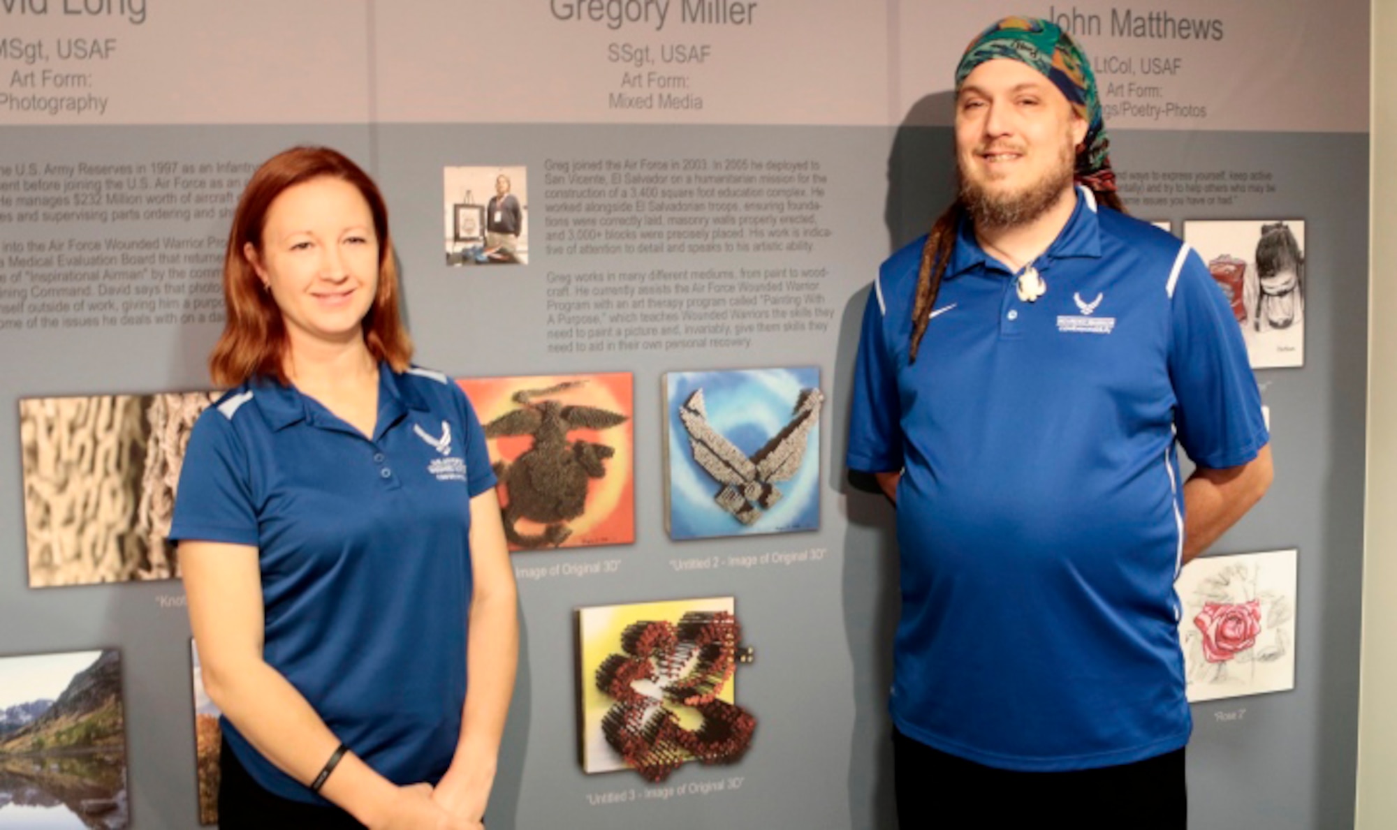 Retired Air Force Staff Sgt. Greg Miller and his wife Heather stand in front of Miller’s three-dimensional art made with wood screws now on display as part of the 2017 Pentagon Patriotic Art Program: Wounded Warrior Healing Arts Exhibit. 