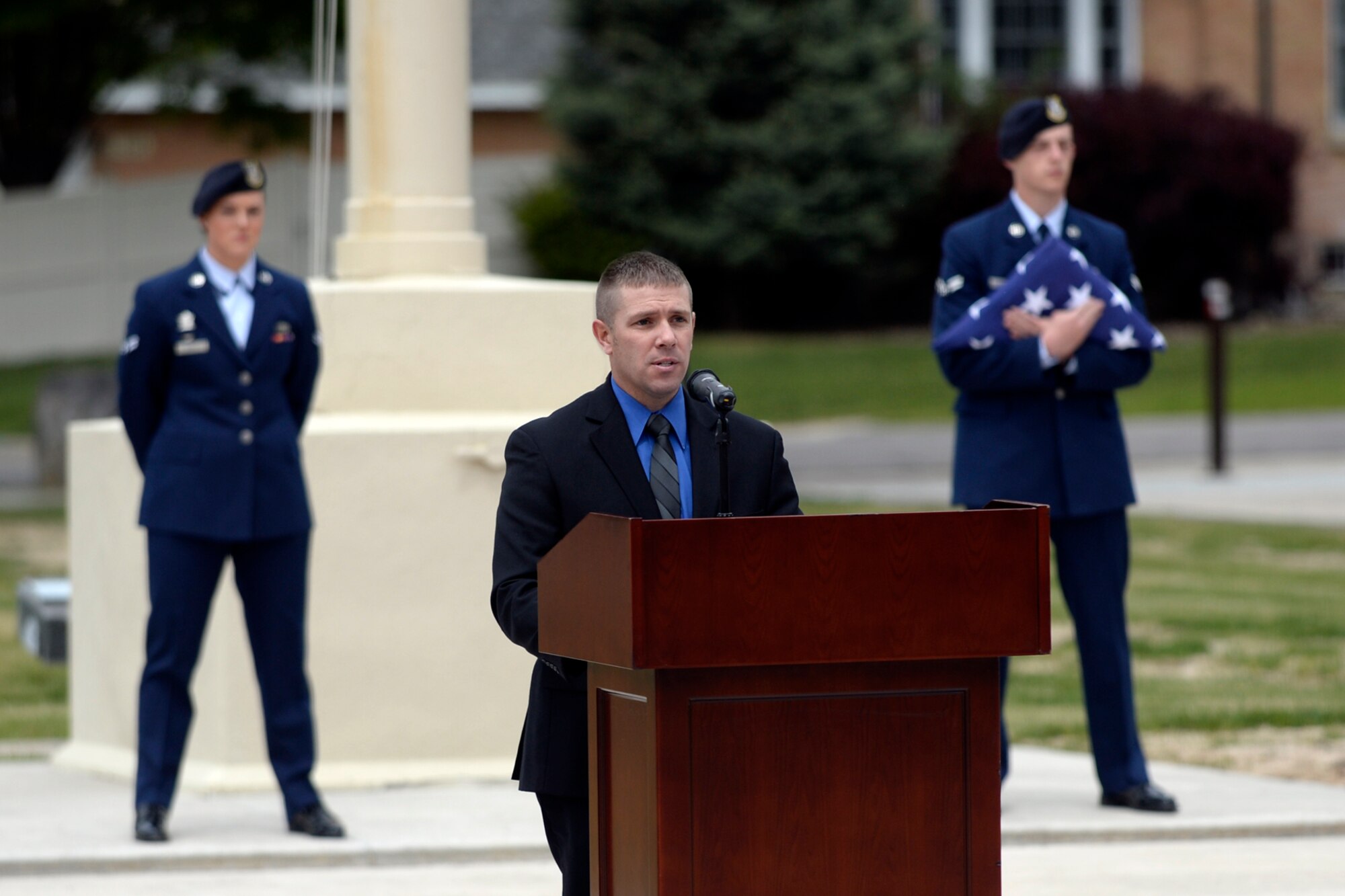 Special Agent Ryan Locklar, Air Force Office of Special Investigations, Detachment 112, speaks during a retreat ceremony May 18 at Hill Air Force Base. The ceremony was part of National Police Week activities. (U.S. Air Force/Todd Cromar)