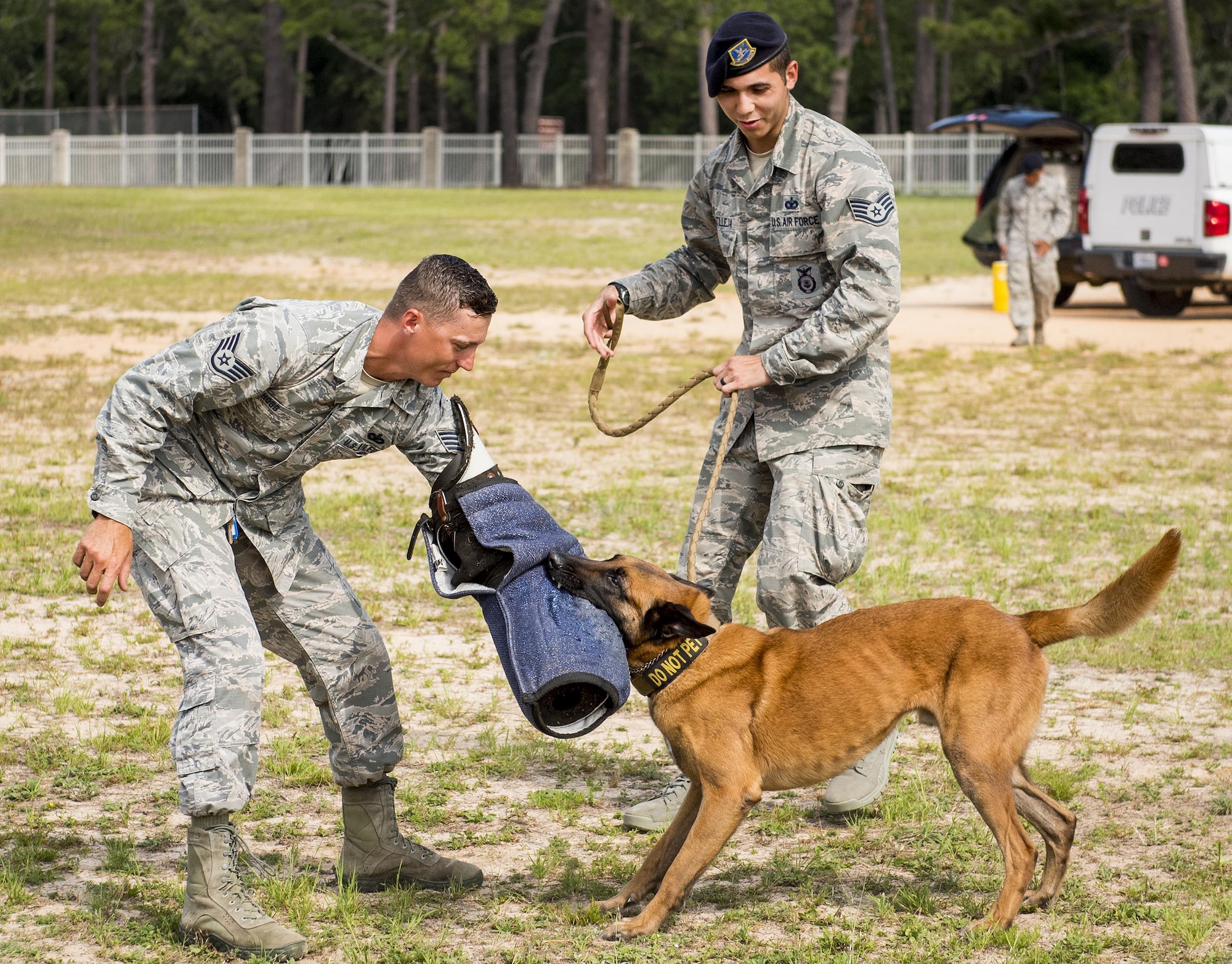 Military Working Dog Arko, 96th Security Forces Squadron, takes a bite out of Eglin Elementary School’s resource officer, Staff Sgt. Justin Hogg during a demonstration for Eglin Elementary School kids May 18 at Eglin Air Force Base, Fla. The event was in celebration of National Police Week. More than 100 children watched the demonstration. (U.S. Air Force photo/Samuel King Jr.)