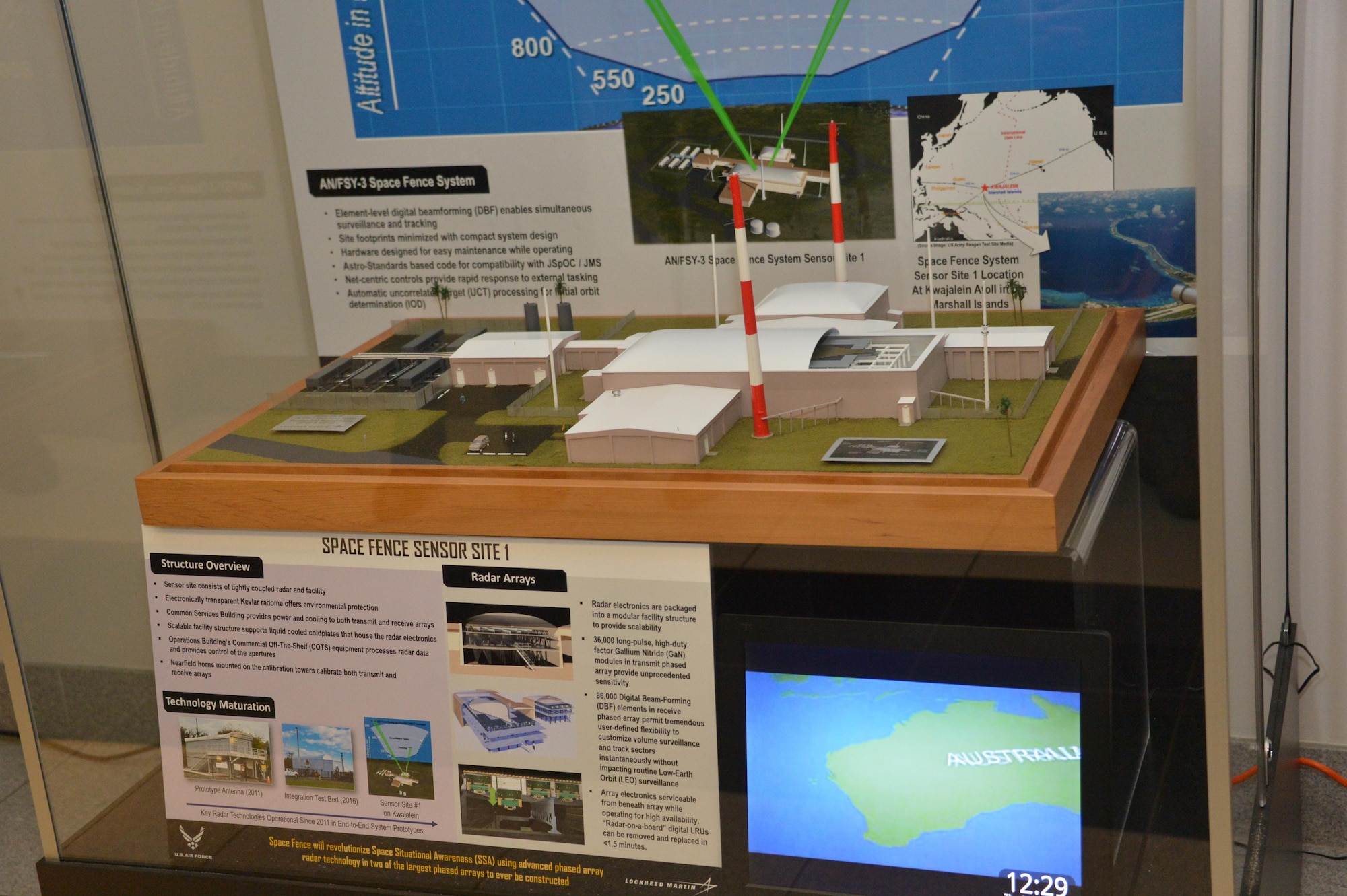 A small-scale representational model of the Space Fence System was donated by Lockheed Martin to the Space and Missile Systems Center’s Heritage Center. The display will be maintained by the SMC History Office to inspire and educate students in the surrounding South Bay beach cities and local school communities. The Space Fence is a sophisticated system of S-band ground-based radar sensors that will dramatically improve the way the U.S. Air Force identifies and tracks objects in Earth orbit. (U.S. Air Force photo/Van De Ha)