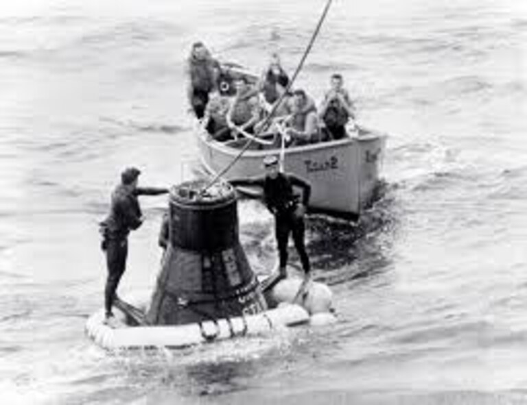 In 1963, astronaut Maj. L. Gordon Cooper, Jr., launched from Cape Canaveral, Florida, in Project Mercury capsule Faith 7. On May 16, after completing 22 orbits of Earth, he landed in the Pacific Ocean. Cooper was the last astronaut of Project Mercury and the first to orbit Earth for more than 24 hours. (Courtesy Photo)