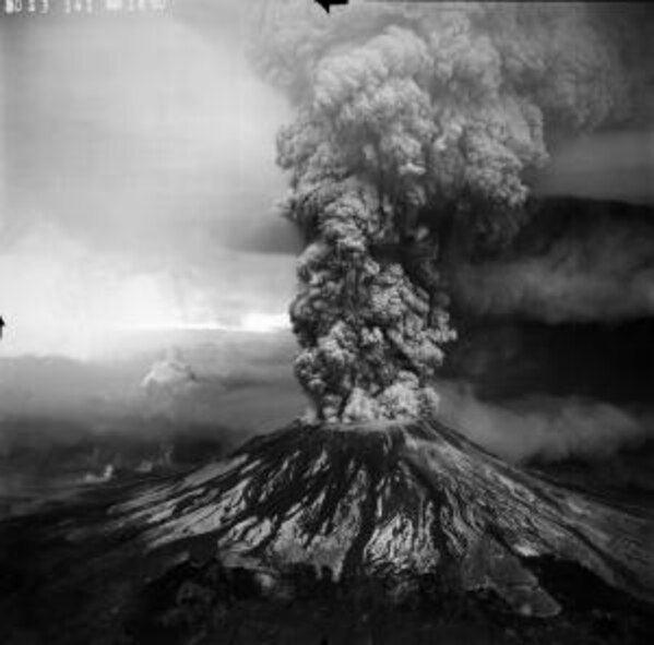 In 1980, Mount St. Helens erupted during Fairchild’s annual open house and air show. Volcanic ash covered the base and hampered operations for weeks after the eruption. (Courtesy Photo)