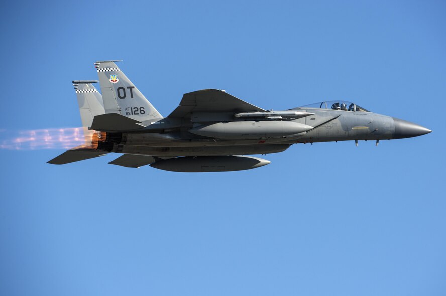 A U.S. Air Force F-15C Eagle from the 53rd Wing takes off from Joint Base Elmendorf-Richardson, Alaska, during exercise Northern Edge, May 11, 2017. With participants and assets from the U.S. Air Force, Army, Marine Corps, Navy and Coast Guard, Northern Edge is Alaska’s premier joint-training exercise designed to practice operations and enhance interoperability among the services. (U.S. Air Force photo by Alejandro Pena)