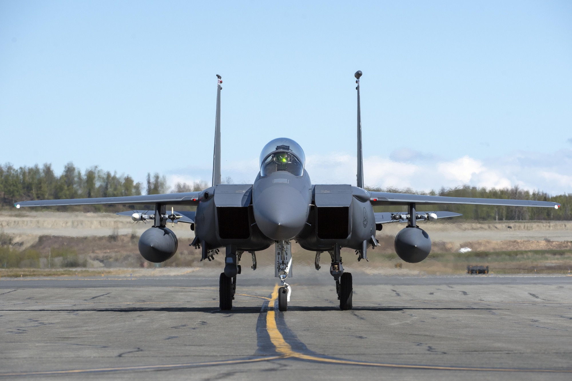 A U.S. Air Force F-15E Strike Eagle, out of Eglin Air Force Base, Fla., taxis after landing at Joint Base Elmendorf-Richardson, Alaska, during exercise Northern Edge 2017, May 11, 2017. With participants and assets from the U.S. Air Force, Army, Marine Corps, Navy and Coast Guard, Northern Edge is Alaska’s premier joint-training exercise designed to practice operations and enhance interoperability among the services. (U.S. Air Force photo by Alejandro Pena)
