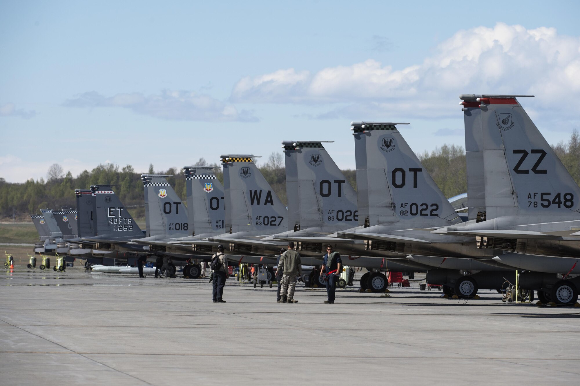 Visiting U.S. Air Force F-15 Eagles and F-16 Fighting Falcons, including ones from the 96th Test Wing and 53rd Wing, are staged on the flight line during exercise Northern Edge at Joint Base Elmendorf-Richardson, Alaska, May 11, 2017. With participants and assets from the U.S. Air Force, Army, Marine Corps, Navy and Coast Guard, Northern Edge is Alaska’s premier joint-training exercise designed to practice operations and enhance interoperability among the services. (U.S. Air Force photo by Alejandro Pena)